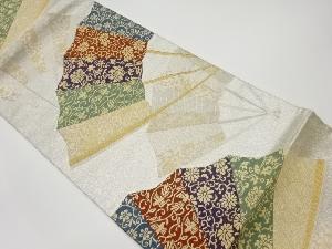 リサイクル　扇に花唐草・鳥模様織出し袋帯